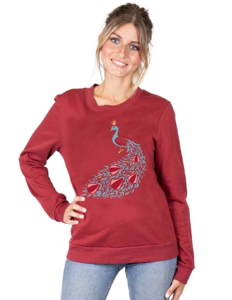 Woman Sweater &quot;Dori&quot; in beechwood bordeaux with peacock print