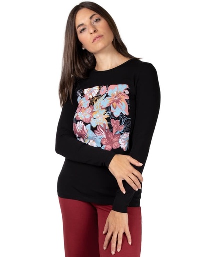 [WMTS015-010FLO] T-Shirt donna &quot;Matri&quot; in fibra di eucalipto nera con stampa floreale