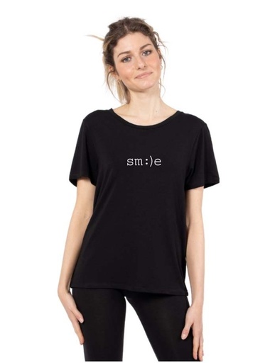 [WMTS020-010SMI-S22] NORA T-shirt nera fibra di eucalipto Smile